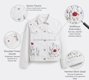 Chaqueta vaquera blanca para mujer con bordado de rosas, de algodón lavado, estilo casual urbano, venta al por mayor, logotipo personalizado, OEM, ODM - Product Image 6