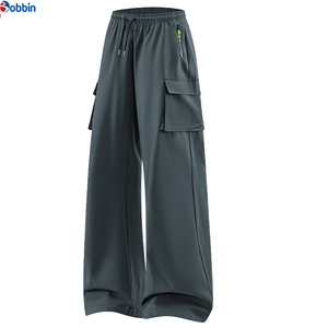 Top Trending Customized Men's Wide Leg Cargo Pants Elastic Waist Drawstring Lightweight Summer Casual <b>Trousers</b> Multiple Pockets - Product Image 1