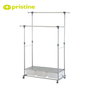 Modern Metal <b>Double</b> Rod Clothing Rack With Storage <b>Bins</b> And Wheels For Bedroom Use - Product Image 3