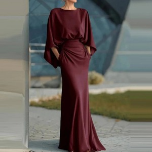 Vestido Largo de Fiesta Plisado de Cintura Alta con Cuello Redondo y Manga Murciélago, Elegante y Sexy con Bolsillos y Espalda Descubierta para Mujer - Product Image 3