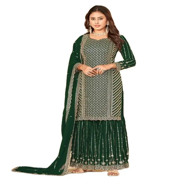 Nhà thiết kế bên mặc màu xanh lá cây màu khâu georgette salwar phù hợp với cho phụ nữ | mới nhất salwar phù hợp với giá bán buôn từ Ấn Độ