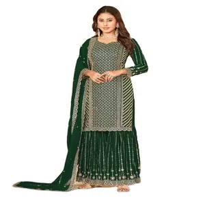 Abito da festa firmato con cuciture a colori verde Georgette Salwar per donna | Ultimo prezzo all'ingrosso della tuta Salwar dall'India