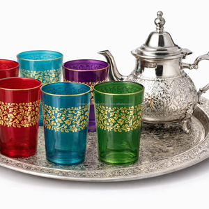 Service à thé marocain best-seller, 6 verres multicolores, un plateau, une théière, dans un coffret cadeau - Product Image 1