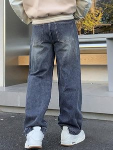 Jean en denim délavé pour homme, imprimé numériquement, coupe large, taille mi-haute, 100 % coton, style vintage décontracté streetwear - Product Image 2