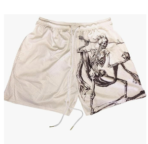 Pantalones Cortos Deportivos Casuales Transpirables para Hombre, Blancos, de Malla, con Estampado de Esqueleto, Cintura Ajustable con Cordón - Product Image 1