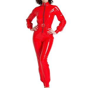 Women's Blue PU Coated High Waist Overall <b>Jumpsuit</b> Sleeveless Full Length Waterproof Clubwear Sexy Style - Product Image 1