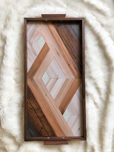 Modern <b>Walnut</b> Wood Tray <b>Walnut</b> Handle Ottoman Tray Geometric Wood Art <b>Coffee</b> <b>Table</b> Decor - Product Image 3