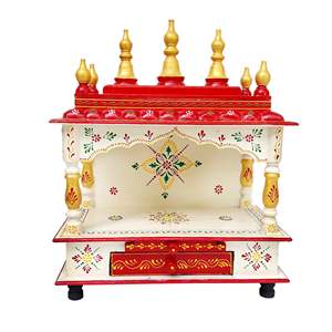 Signe mural en bois rouge et bleu fait à la main Temple Hindu Mandir Design indien traditionnel élégant - Product Image 3