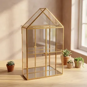 Artisan Design Modern Brass/Glass/Mirror Hut Shape <b>Wall</b> <b>Mounted</b> Double Tier Storage Cabinet with Decorative <b>Shelf</b> - Product Image 4