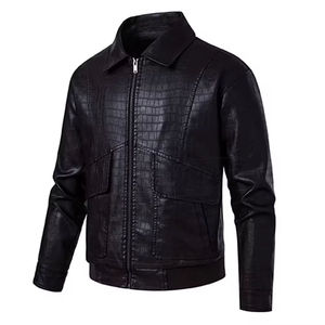 Chaqueta de Cuero PU Negra para Hombre, Estilo Motero, con Estampado de Cocodrilo, Cuello Camisero y Cierre de Cremallera - Product Image 1