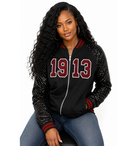 1913 dleta Black sigma Satin theta Sequin Sleeves Embroidered Greek <b>Letters</b> sorority incorporation apparel - Product Image 2