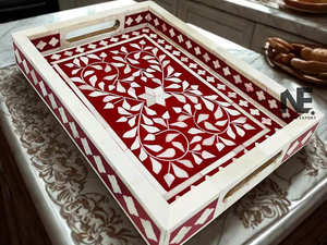 Red Bone Inlay Tray – Floral Serving Tray, Handmade Decorative Catchall, Luxury Home Decor - Product Image 3