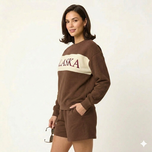 Conjunto de Top de Cuello Alto y Pantalones Cortos por Encima de la Rodilla para Mujer, en Tela de Forro Polar, Corte Holgado, Estilo Casual Urbano - Product Image 1