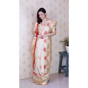 Sari en soie douce rouge crème, tissage Kamdhenu, tissage Zari, robe de soirée élégante - Product Image 3