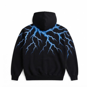 Sweat-shirt à capuche noir pour homme avec imprimé éclair, pull-over bleu en molleton de coton avec poche, décontracté, automne - Product Image 2