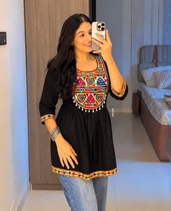 Leranath Fashion Black <b>Embroidered</b> Indian Pakistani Women's <b>Tunic</b> 3/4 Sleeve Ethnic Style Navratri Special Gamthi Work Rayon - Product Image 1