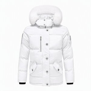 Doudoune blanche en duvet avec capuche en fourrure, imperméable, manteau d'hiver décontracté, coupe classique, couleur unie, fermeture éclair sur le devant - Product Image 1