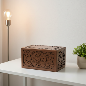 Hand Carved Wooden Ashes Urn <b>Box</b> Brown Square Memorial Cremation Keepsake Case Engraved <b>Floral</b> Funeral Decoration - Product Image 6