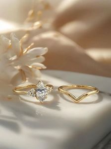 Luxury Marquise Diamond Engagement <b>Ring</b> <b>Set</b> with V-Shape Wedding Band 14K <b>Gold</b> Stackable Fine Jewelry Manufacturer - Product Image 4