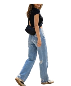 Jean large déchiré personnalisable pour femme, pantalon en denim délavé respirant de haute qualité pour homme, style décontracté - Product Image 1