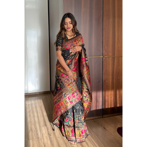 Sari en soie cachemire noire Elite Weaves avec motif tissé en zari, châle de style pashmina 700g - Product Image 3