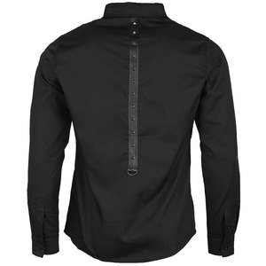 <b>Men's</b> Gothic Industrial Black Cotton Long Sleeve Shirt with Faux Leather <b>Studded</b> Appliques and Metal D-Rings Punk Rock - Product Image 2