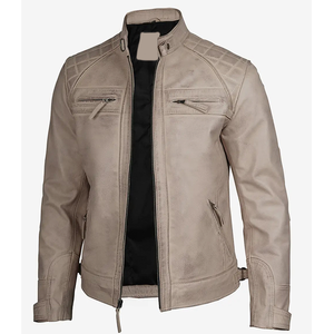OEM 2026 Best Selling Beige Cowhide Leather <b>Jacket</b> Men's Stand Collar <b>Zipper</b> <b>Pockets</b> 100% High Quality Low MOQ Fashion <b>Jackets</b> - Product Image 3