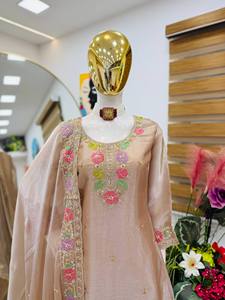 Ensemble Salwar Kameez Choli traditionnel indien brodé de fleurs beiges, vêtements ethniques pour femmes, tenue cousue en 3 pièces pour mariage XXL - Product Image 2
