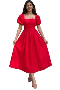 Robe midi drapée unie rouge à col en V et manches bouffantes, style doux, en tissu peigné respirant, pour l'été, les fêtes et les occasions décontractées - Product Image 4