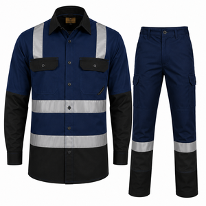 <b>Men's</b> Burgundy Black Hi Visibility Workwear Shirt Pants Set High Visibility Reflective Tape Long Sleeve Button-Down <b>Cargo</b> Cotton - Product Image 3