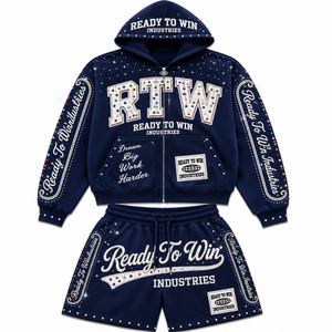 ชุดวอร์มฮู้ดดี้ Ready To Win Industries ลายพิมพ์กลิตเตอร์ประดับเพชร แขนยาว ซิปหน้า มีกระเป๋า สีน้ำเงินกรมท่า สไตล์สตรีทแวร์ สำหรับผู้ใหญ่ - Product Image 1