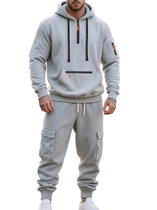 Men's Casual Sports Suit Terry Fabric 100% Cotton Quick Dry 300g Solid Multi Pocket Fashionable Hooded Two-Piece Set Winter - Product Image 4