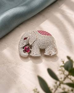 Broche éléphant de luxe en argent 925 avec pierre précieuse couleur rubis et diamants CZ, bijou animalier pour femme, fournisseur en gros - Product Image 2