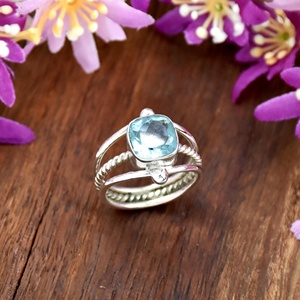 Natural Blue Topaz Ring 925 Sterling Silver Cushion Gemstone Triple Rope Band Twisted Birthstone Ring Perfect <b>Gift</b> <b>for</b> <b>Her</b> - Product Image 3