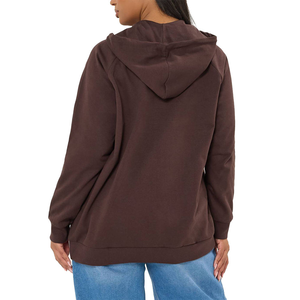 Sudadera con capucha y cremallera para mujer, estilo streetwear, color marrón sólido, con bolsillo canguro, informal para otoño. - Product Image 3