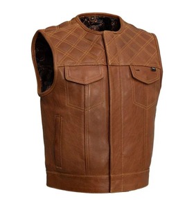 Men's <b>Brown</b> <b>Leather</b> Biker Vest Crew Neck Quilted Pattern Pockets Motorcycle Sleeveless <b>Jacket</b> Eco-Friendly Front Logo Winter - Product Image 4