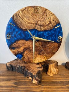 Olive Wood & Blue Resin Desk <b>Clock</b> Handmade Modern Decor - Product Image 5