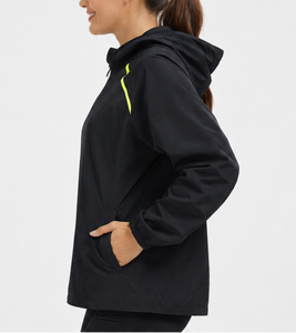 Chaqueta Cortavientos Impermeable con Capucha, Cierre de Cremallera y Bolsillos en Negro con Detalles en Verde Neón para Actividades al Aire Libre en Primavera - Product Image 2