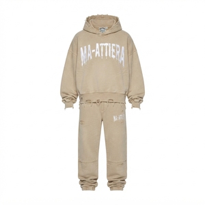 Custom Beige Washed Distressed <b>Oversized</b> Hoodie and Jogger <b>Sweatpants</b> Men Two Piece Streetwear Tracksuit Set - Product Image 2