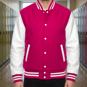 Premium Quality Vintage College Varsity Baseball <b>Jacket</b> Fashion Design Stain Resistant Made in Pakistan <b>pink</b> & White Color - Product Image 3