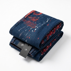 Vintage American Style Men's Denim <b>Pants</b> Diamond Studded High Street Printed Tie Dye Loose Fitting Wide Straight Jeans - Product Image 5