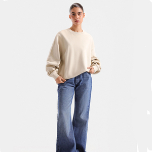Sweat-shirt à col rond surdimensionné pour femmes, couleur unie, manches longues, tricoté, 100% coton, hiver, brodé, imprimé, vêtements décontractés - Product Image 1