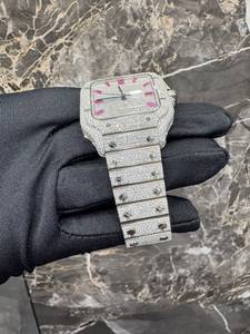 Montre mécanique à quartz Iced Square, bracelet en acier inoxydable de 20 mm, verre saphir, affichage à aiguilles, montre-bracelet de luxe unisexe tendance - Product Image 4