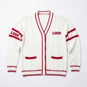Cardigan pour femme en maille acrylique décontractée, col en V brodé sur mesure, double boutonnage, motif torsadé, rouge et blanc, modèle Delta DST - Product Image 2