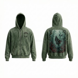 เสื้อฮู้ดซิปเต็มตัวขายส่ง สีเขียววินเทจฟอกย้อม แบบสั่งทำพิเศษสำหรับผู้ชาย คุณภาพสูง พิมพ์ลาย DTG สตรีทแวร์ ผ้าฟลีซ ผลิตโดยโรงงาน - Product Image 1