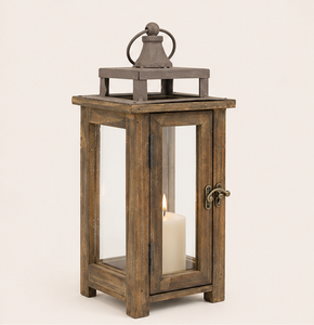 Rustic Wooden Candle <b>Lantern</b> with Metal Top and Glass Panels - Distressed Vintage Decorative <b>Hurricane</b> <b>Lantern</b> Lowest Price - Product Image 3