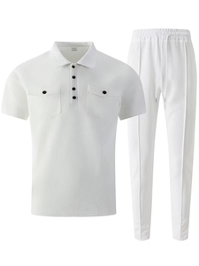 Men's Winter Solid Casual Breathable Knitted Short Sleeve Polo Shirt Set Pockets Matching Pants Quick Dry Customized High - Product Image 2