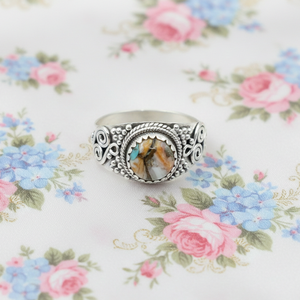 925 Sterling Silver Oyster Turquoise <b>Ring</b> Handmade Vintage Boho <b>Statement</b> <b>Ring</b> Yellow Gold Plated Ethnic Spiral Design Jewelry - Product Image 1