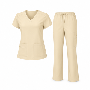<b>Black</b> Medical Scrub Set <b>Womens</b> V Neck Short Sleeve <b>Pocket</b> Top Drawstring <b>Trousers</b> Nursing Uniform Hospital Clinic Apparel Plain - Product Image 2