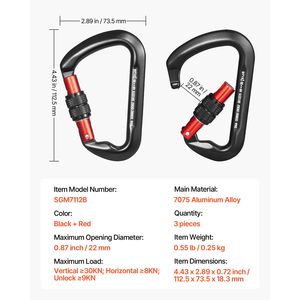 Set di 3 Moschettoni Professionali per Arrampicata ad Alta Resistenza, 30 KN/6744 Lbs, Forma a D, per Escursionismo - Product Image 6